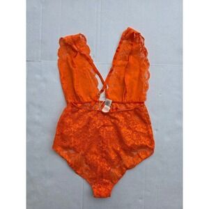 We Are HAH Burnt Orange Lace Bodysuit Sz M Y2K Festival Boho Deep V Lingerie NWT